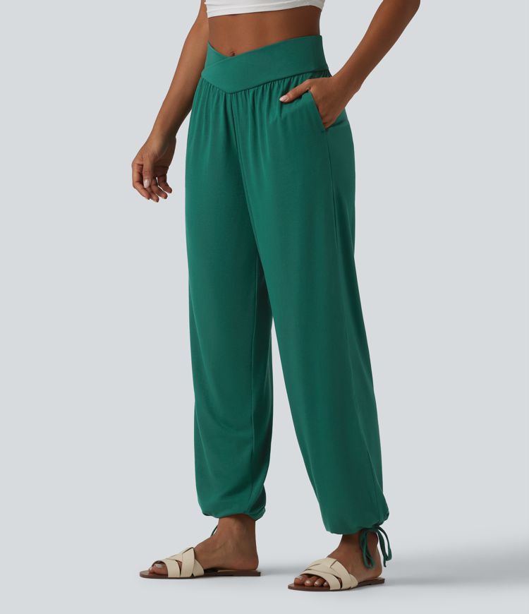 Jogging décontracté uni taille haute croisée avec cordon de serrage et poches Jogging décontracté uni taille haute croisée avec cordon de serrage et poches