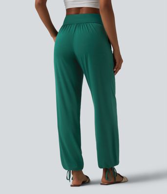 Jogging décontracté uni taille haute croisée avec cordon de serrage et poches Jogging décontracté uni taille haute croisée avec cordon de serrage et poches
