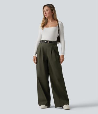 High Waisted Baggy Work Chino Cotton Pants with Pockets