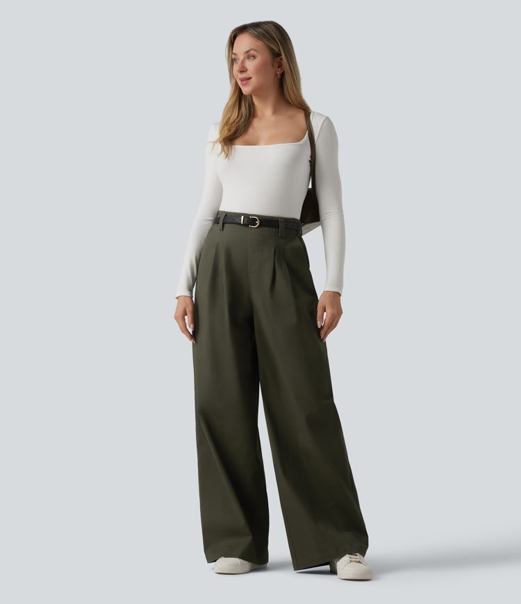 High Waisted Baggy Work Chino Cotton Pants with Pockets