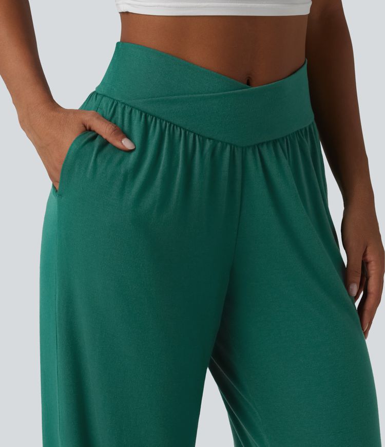 Jogging décontracté uni taille haute croisée avec cordon de serrage et poches Jogging décontracté uni taille haute croisée avec cordon de serrage et poches