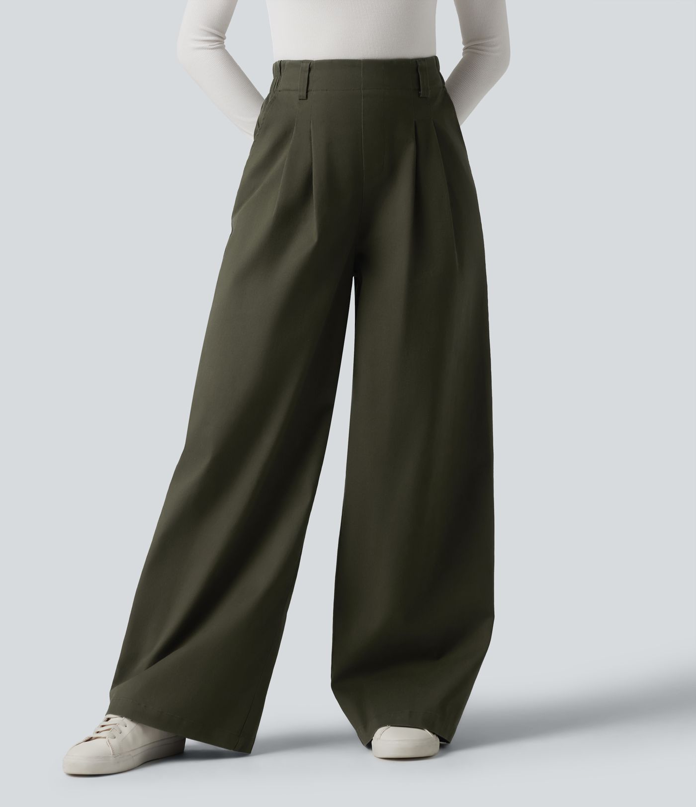 High Waisted Baggy Work Chino Cotton Pants with Pockets