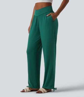Jogging décontracté uni taille haute croisée avec cordon de serrage et poches Jogging décontracté uni taille haute croisée avec cordon de serrage et poches
