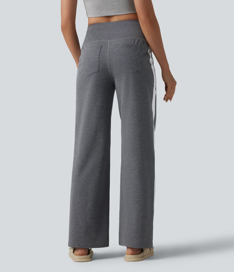 Lässige Hose mit hohem Bund, Gesäßtaschen, Streifen und geradem Bein - schnelltrocknend