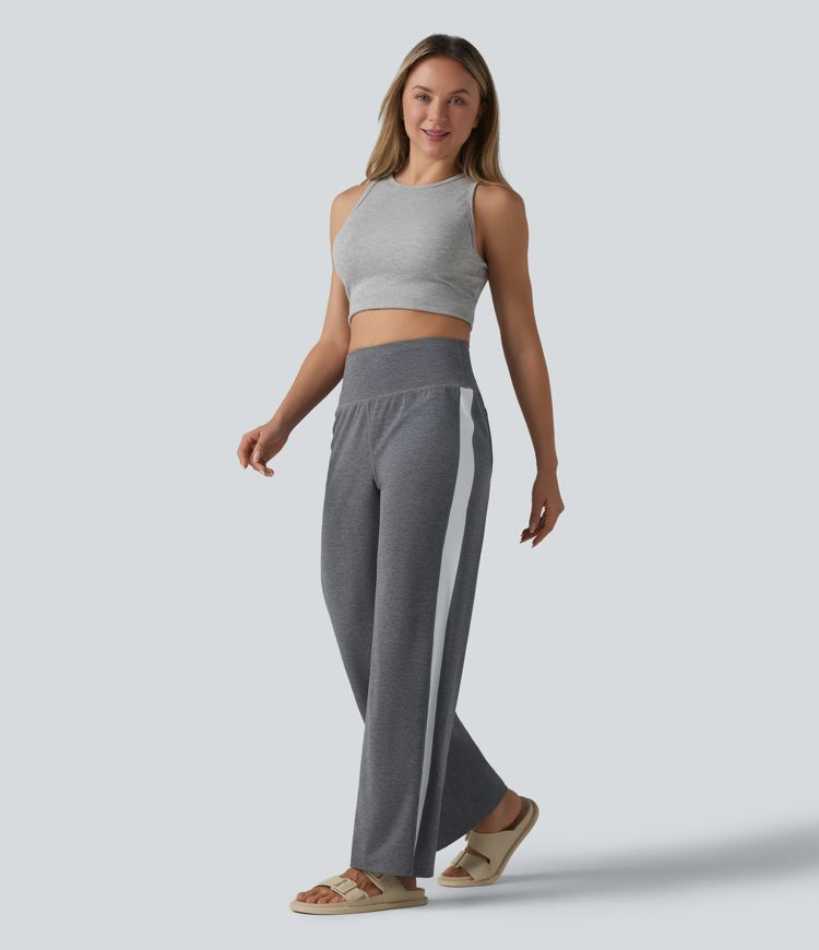 Lässige Hose mit hohem Bund, Gesäßtaschen, Streifen und geradem Bein - schnelltrocknend