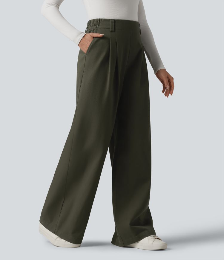 Pantalon chino de travail ample taille haute en coton avec poches Pantalon chino de travail ample taille haute en coton avec poches