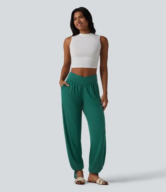Jogging décontracté uni taille haute croisée avec cordon de serrage et poches Jogging décontracté uni taille haute croisée avec cordon de serrage et poches