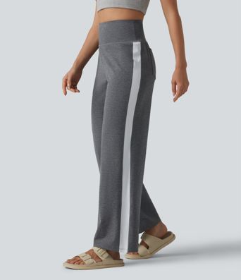 Lässige Hose mit hohem Bund, Gesäßtaschen, Streifen und geradem Bein - schnelltrocknend