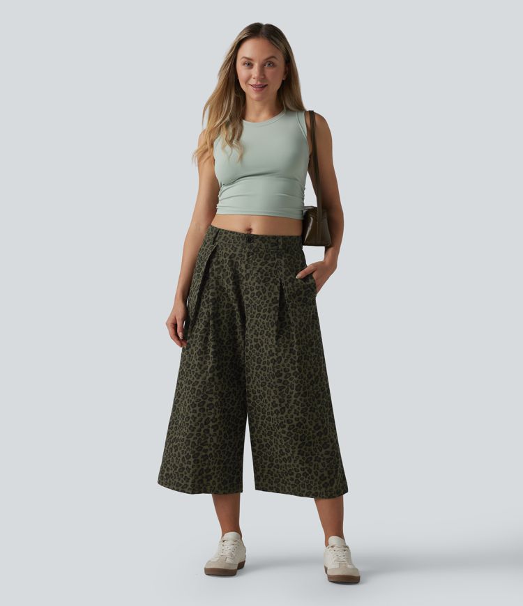 Mid Rise Leopard Print Cropped Casual Baggy Pants with Pockets Mid Rise Leopard Print Cropped Casual Baggy Pants with Pockets