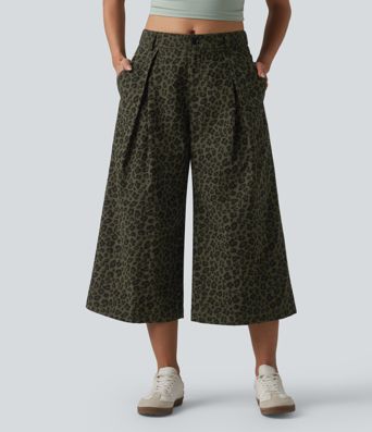 Mid Rise Leopard Print Cropped Casual Baggy Pants with Pockets Mid Rise Leopard Print Cropped Casual Baggy Pants with Pockets