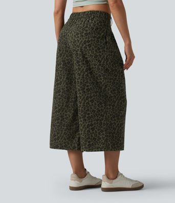 Mid Rise Leopard Print Cropped Casual Baggy Pants with Pockets Mid Rise Leopard Print Cropped Casual Baggy Pants with Pockets