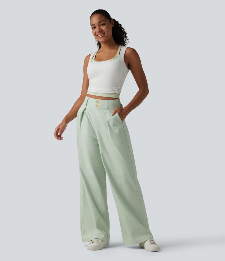 Pantalon large fluide casual en coton et lin taille haute avec poches