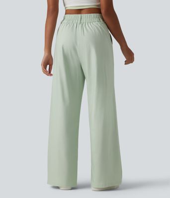 Pantalon large fluide casual en coton et lin taille haute avec poches