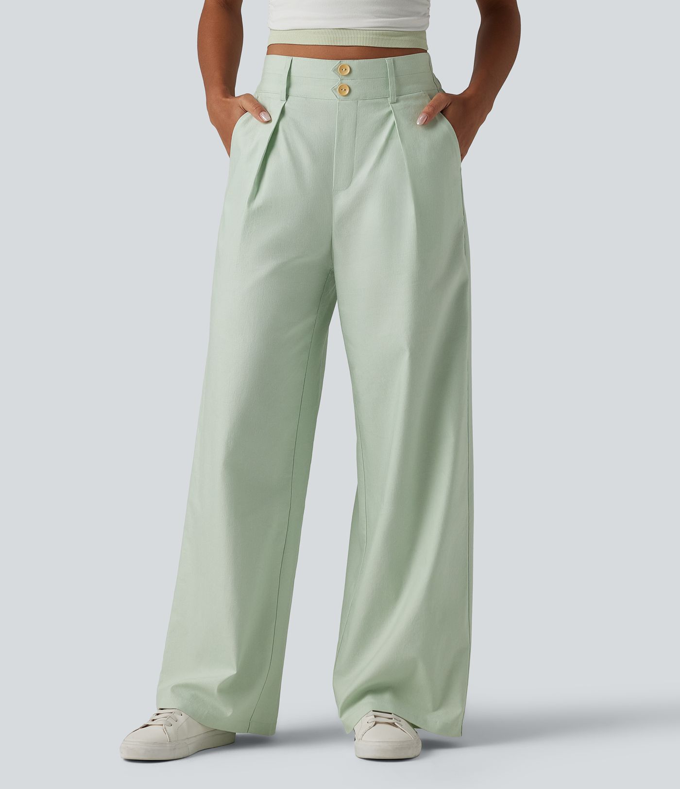 Pantalon large fluide casual en coton et lin taille haute avec poches