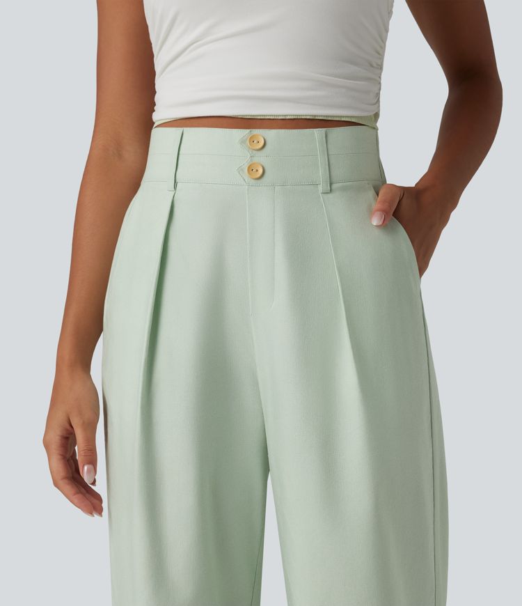 Pantalon large fluide casual en coton et lin taille haute avec poches