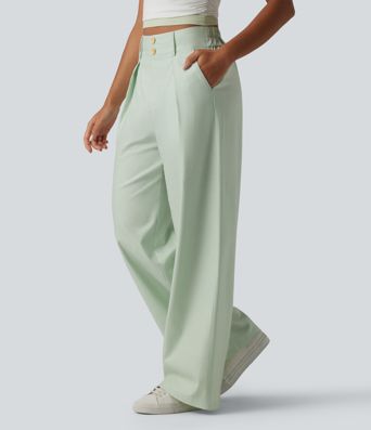 Pantalon large fluide casual en coton et lin taille haute avec poches