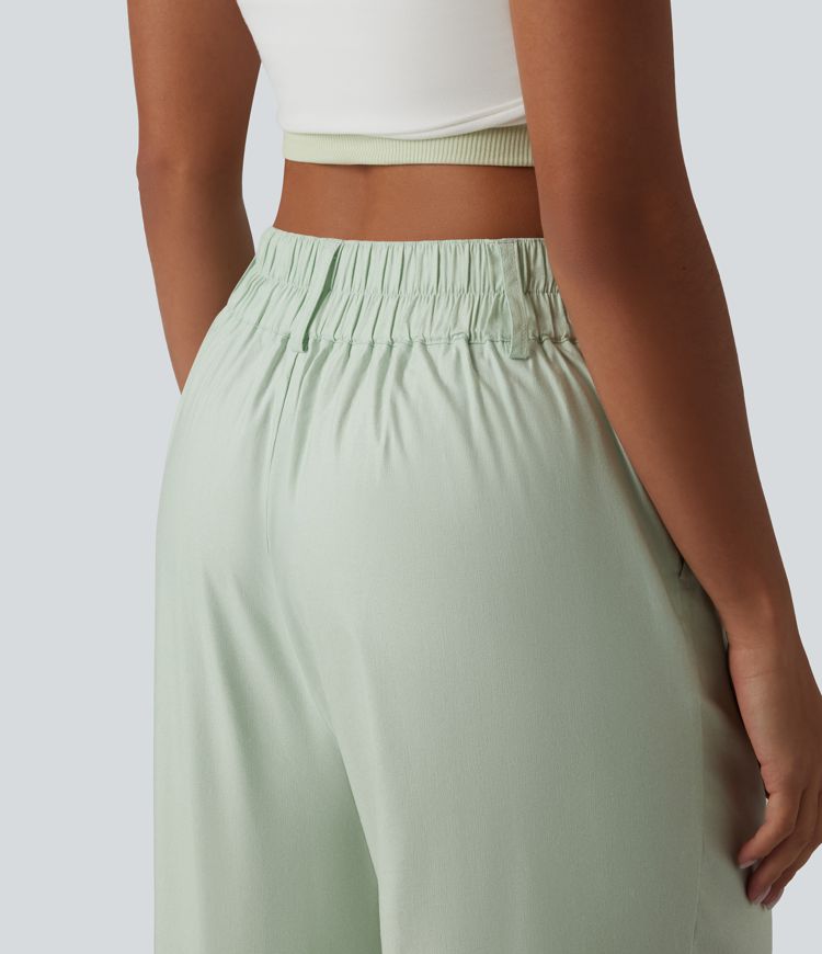 Pantalon large fluide casual en coton et lin taille haute avec poches