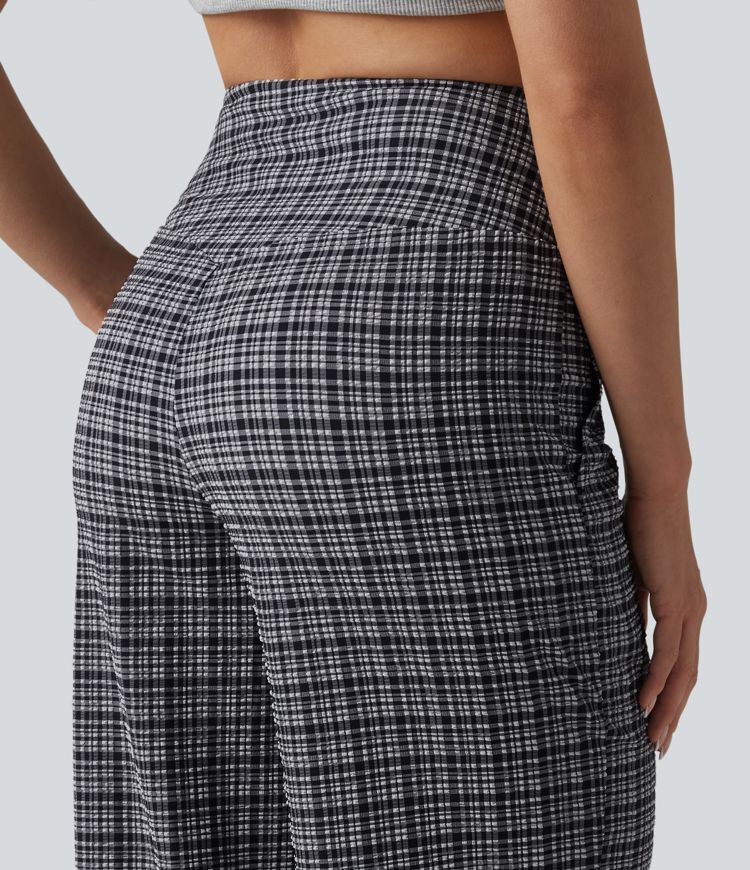 Figurbetonte Hose mit hohem Bund, Seitentaschen, Karomuster und weitem Bein - schnelltrocknend, knitterfrei