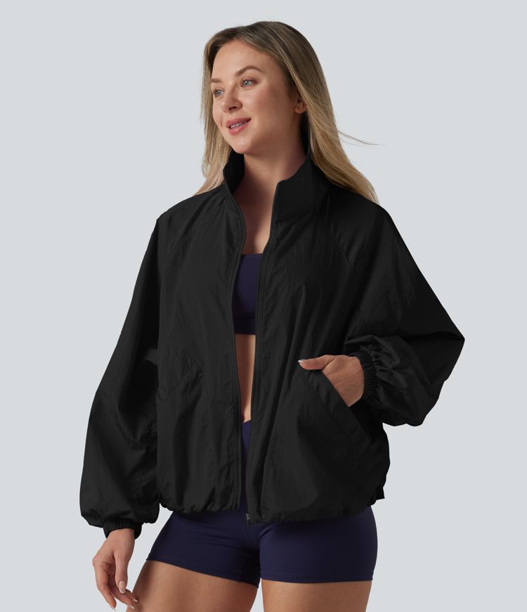 Durable Water Repellent Stand Collar Long Sleeve Zipper Workout Jacket with Pockets