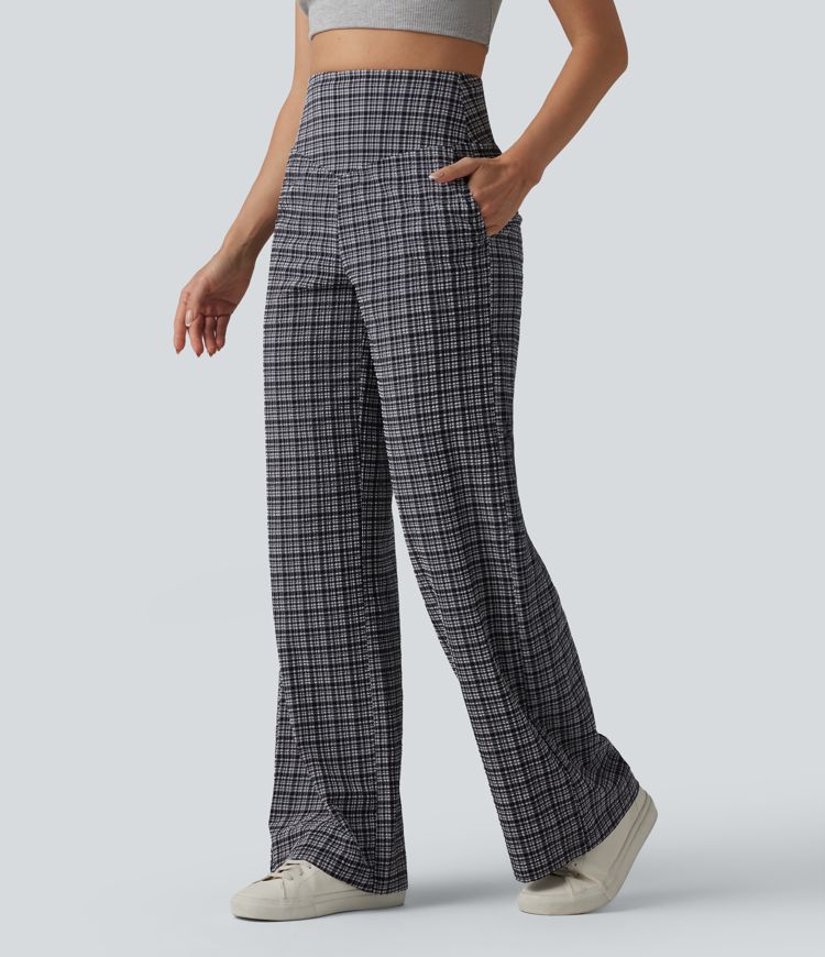 Figurbetonte Hose mit hohem Bund, Seitentaschen, Karomuster und weitem Bein - schnelltrocknend, knitterfrei