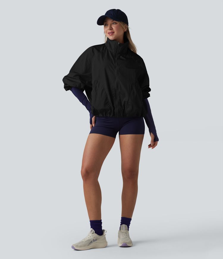Durable Water Repellent Stand Collar Long Sleeve Zipper Workout Jacket with Pockets