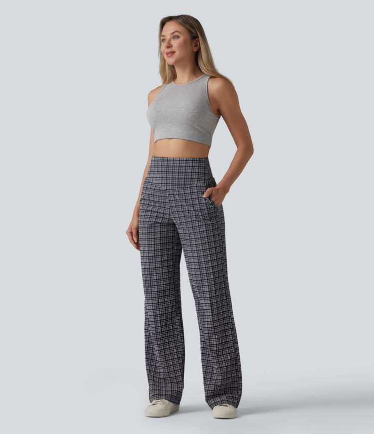 Figurbetonte Hose mit hohem Bund, Seitentaschen, Karomuster und weitem Bein - schnelltrocknend, knitterfrei