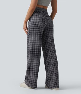 Figurbetonte Hose mit hohem Bund, Seitentaschen, Karomuster und weitem Bein - schnelltrocknend, knitterfrei