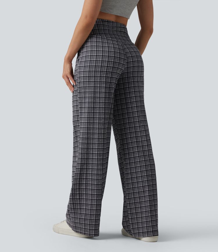 Figurbetonte Hose mit hohem Bund, Seitentaschen, Karomuster und weitem Bein - schnelltrocknend, knitterfrei