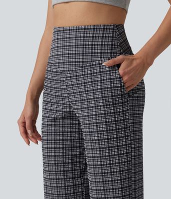 Figurbetonte Hose mit hohem Bund, Seitentaschen, Karomuster und weitem Bein - schnelltrocknend, knitterfrei