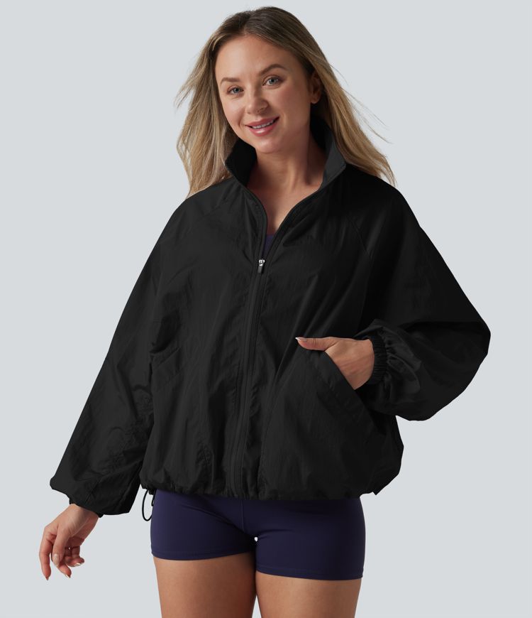 Durable Water Repellent Stand Collar Long Sleeve Zipper Workout Jacket with Pockets