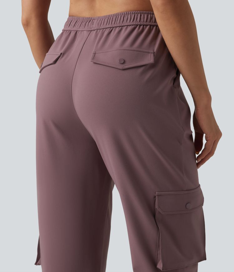 DayStretch High Waisted Adjustable Drawcord Workout Cargo Tapered Pants with Pockets