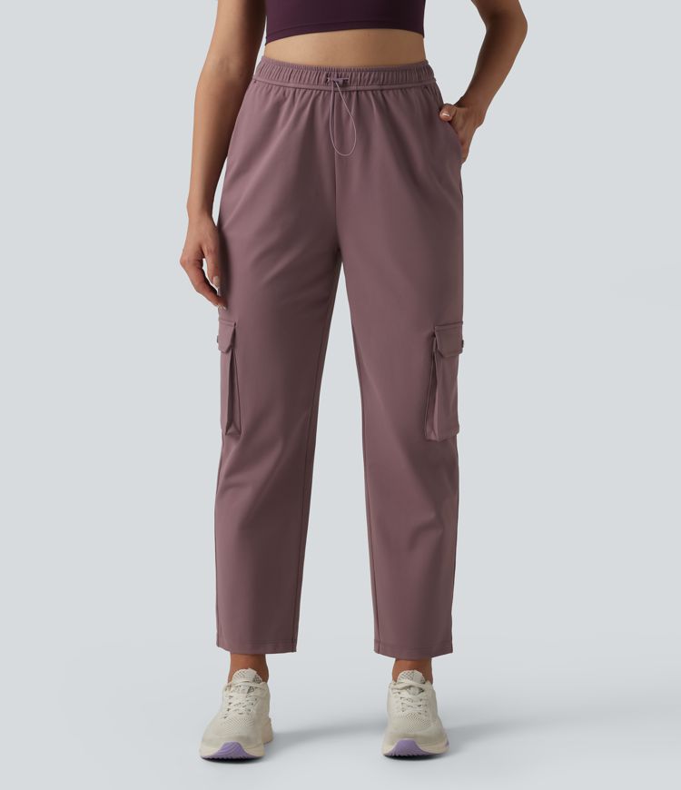DayStretch High Waisted Adjustable Drawcord Workout Cargo Tapered Pants with Pockets
