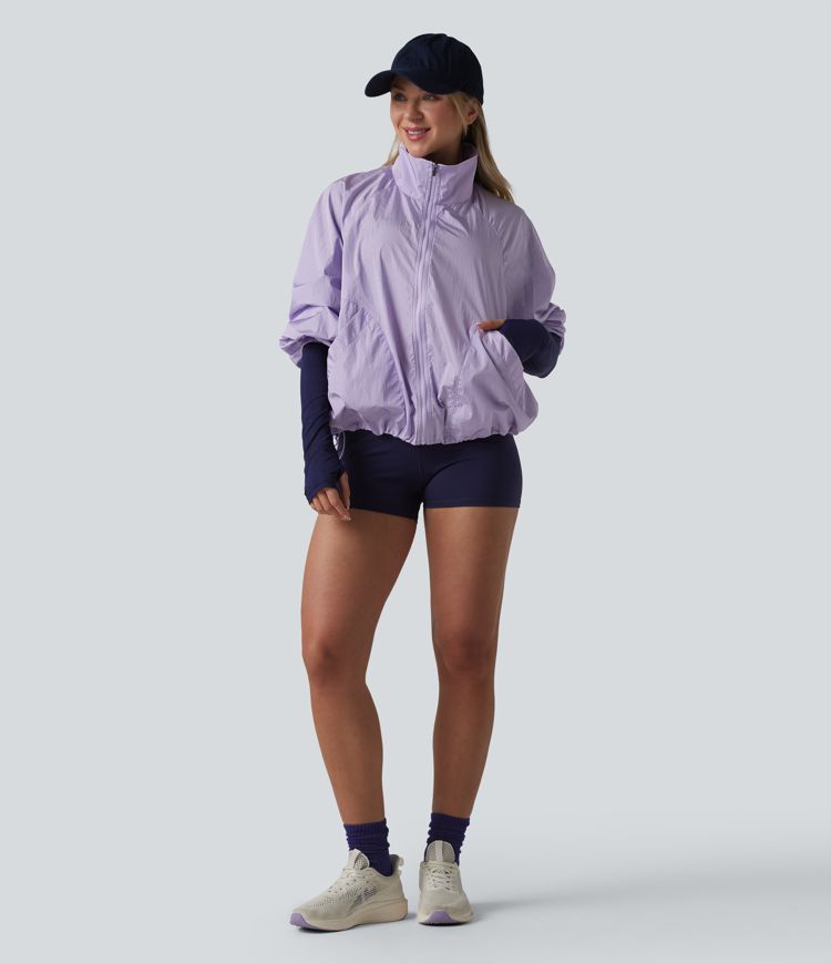 Durable Water Repellent Stand Collar Long Sleeve Zipper Workout Jacket with Pockets