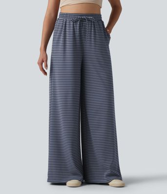 Lässige Baggy-Hose aus geripptem Strick mit hohem Bund, mehreren Taschen, Kordelzug und Streifen