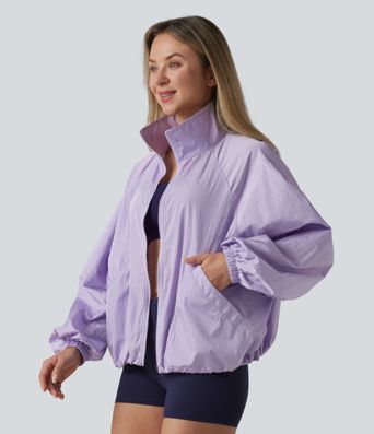 Durable Water Repellent Stand Collar Long Sleeve Zipper Workout Jacket with Pockets