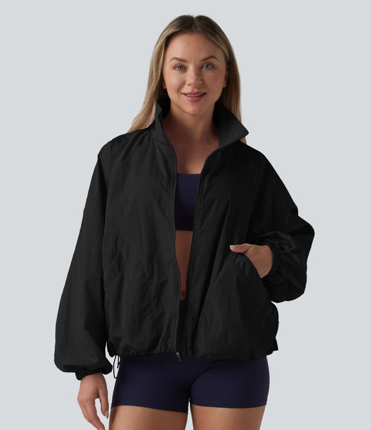 Durable Water Repellent Stand Collar Long Sleeve Zipper Workout Jacket with Pockets