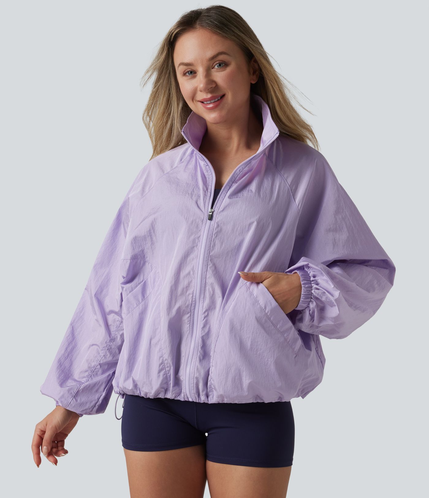 Durable Water Repellent Stand Collar Long Sleeve Zipper Workout Jacket with Pockets