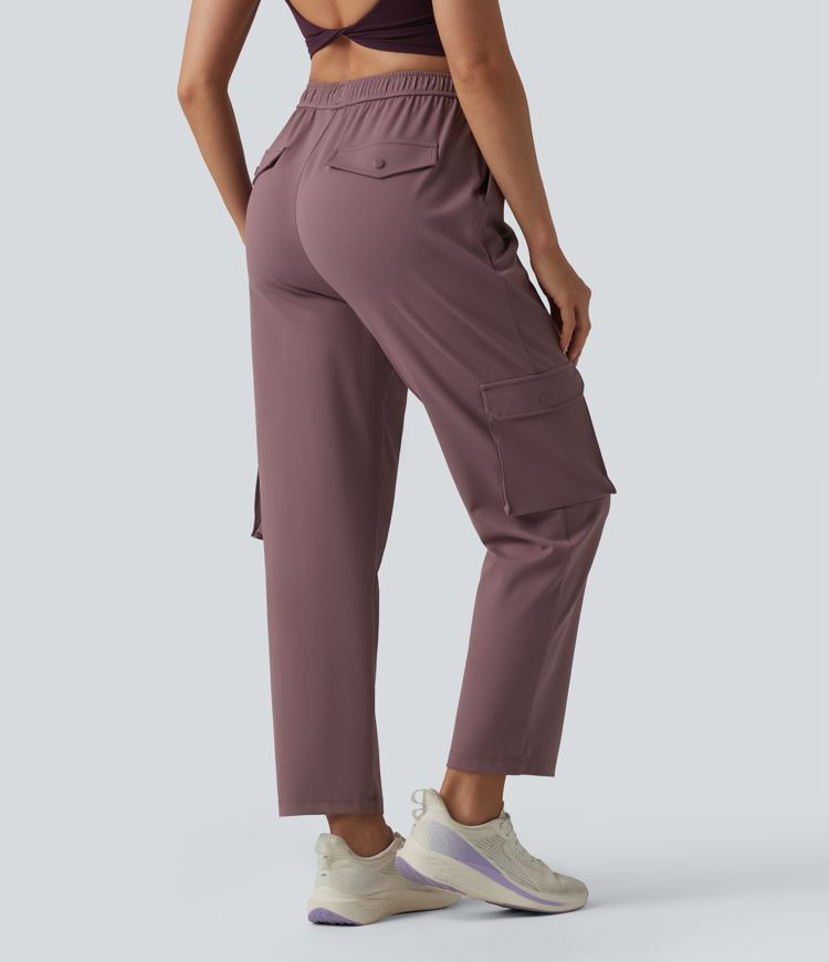 DayStretch High Waisted Adjustable Drawcord Workout Cargo Tapered Pants with Pockets