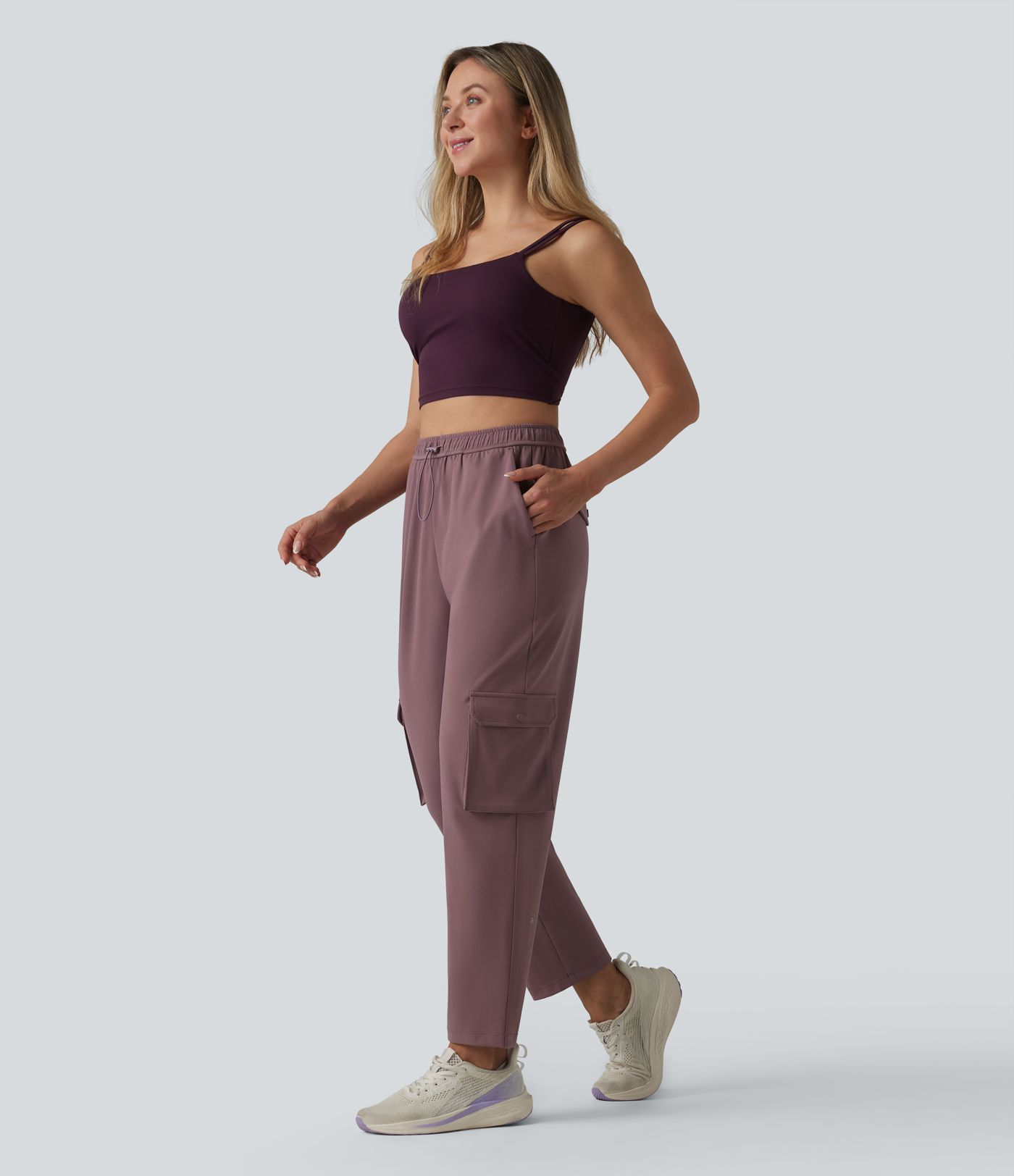 DayStretch High Waisted Adjustable Drawcord Workout Cargo Tapered Pants with Pockets
