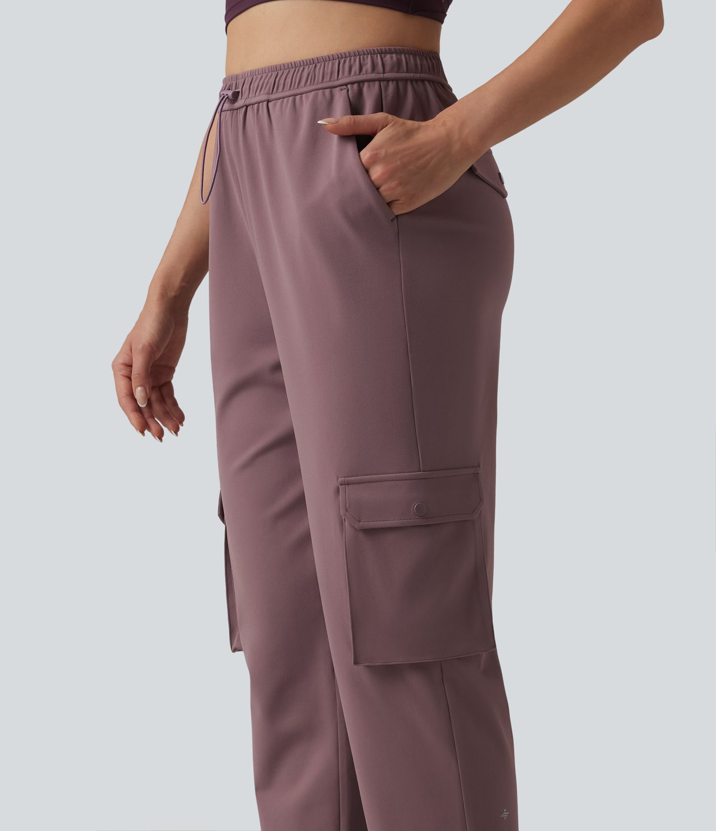 DayStretch High Waisted Adjustable Drawcord Workout Cargo Tapered Pants with Pockets