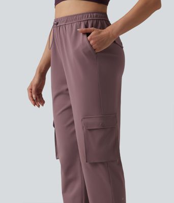 DayStretch High Waisted Adjustable Drawcord Workout Cargo Tapered Pants with Pockets