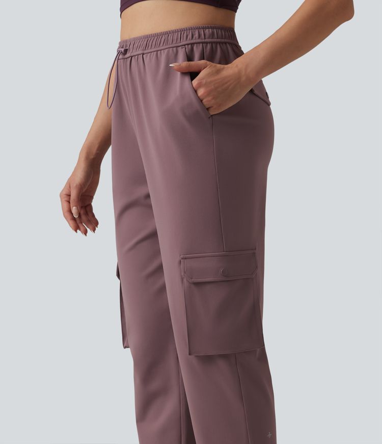 DayStretch High Waisted Adjustable Drawcord Workout Cargo Tapered Pants with Pockets
