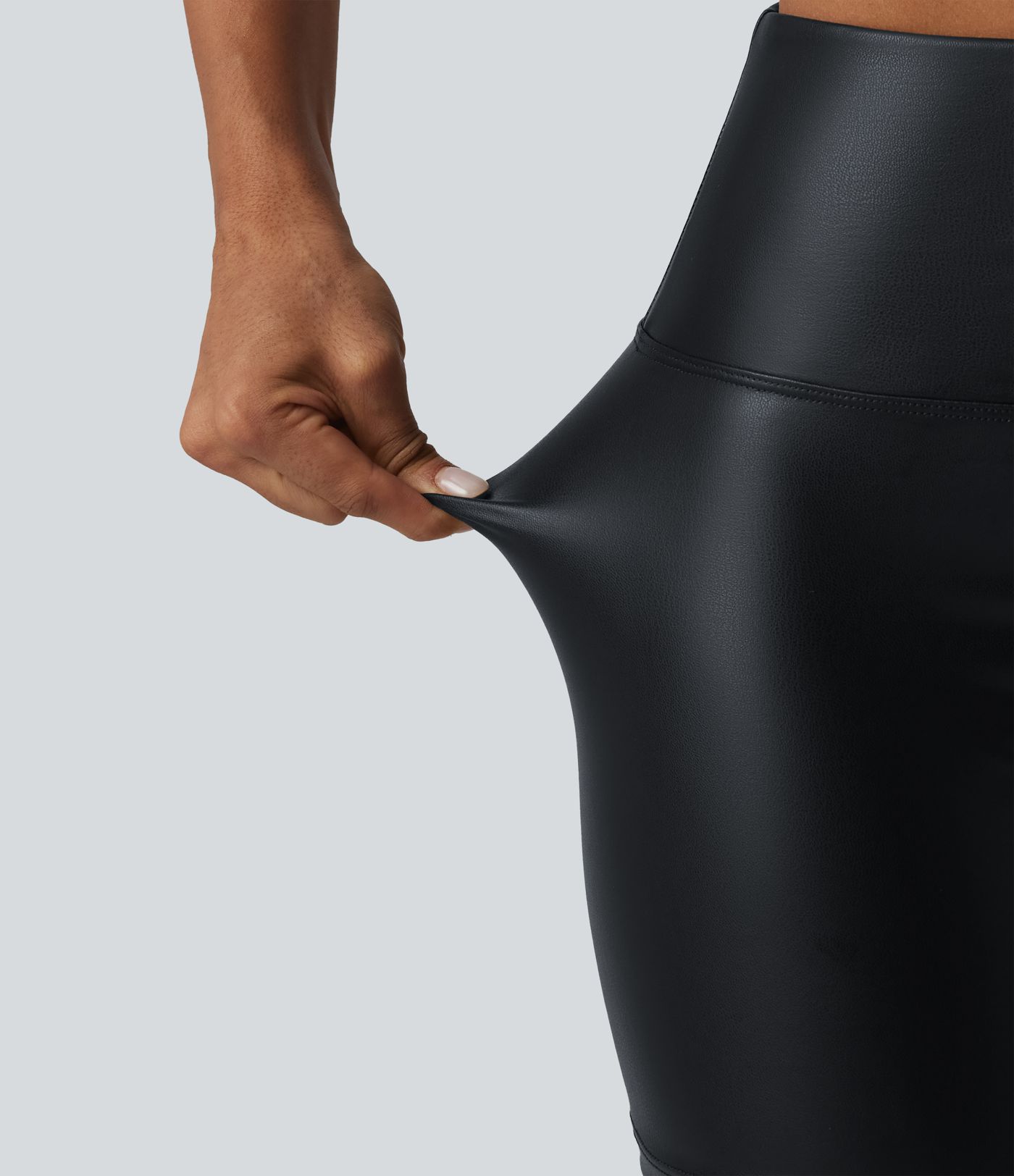 High Waisted Tummy Control Stretchy PU Casual Biker Shorts 5'' with Pockets