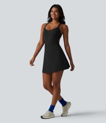 SoftlyZero™ Plush Crisscross Backless Racerback Built-in Bra 2-in-1 Mini Yoga Active Dress with Pockets-Easy Peezy