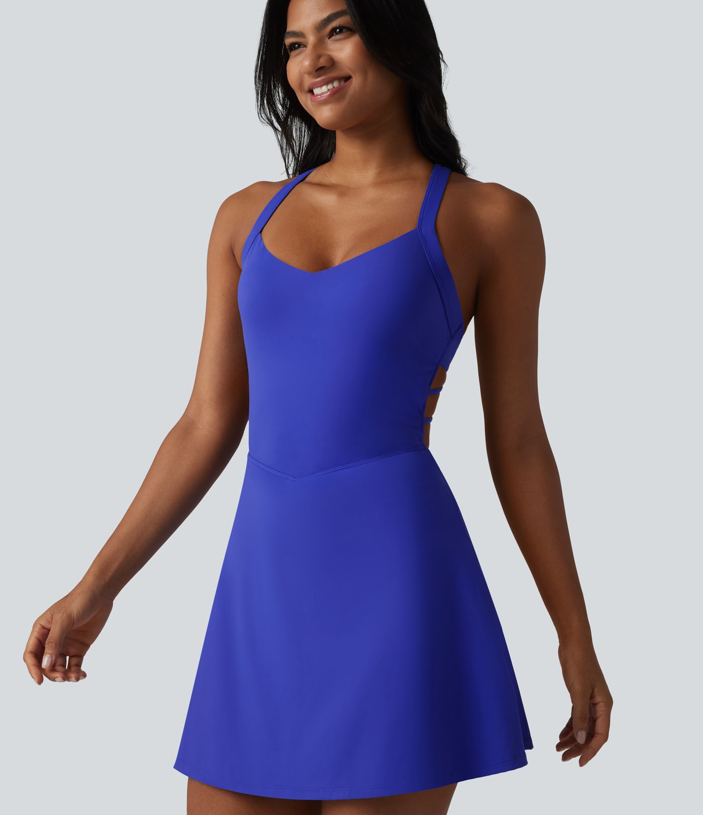 SoftlyZero™ Plush Crisscross Backless Racerback Built-in Bra 2-in-1 Mini Yoga Active Dress with Pockets-Easy Peezy SoftlyZero™ Plush Crisscross Backless Racerback Built-in Bra 2-in-1 Mini Yoga Active Dress with Pockets-Easy Peezy