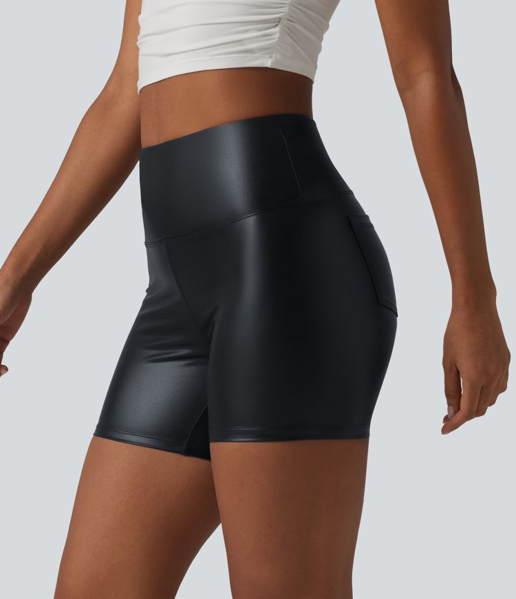 High Waisted Tummy Control Stretchy PU Casual Biker Shorts 5'' with Pockets