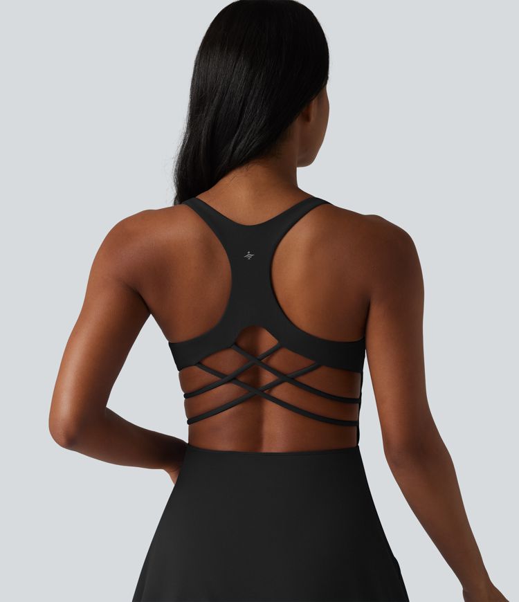 SoftlyZero™ Plush Crisscross Backless Racerback Built-in Bra 2-in-1 Mini Yoga Active Dress with Pockets-Easy Peezy