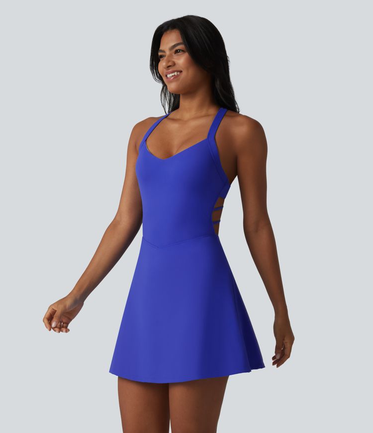 SoftlyZero™ Plush Crisscross Backless Racerback Built-in Bra 2-in-1 Mini Yoga Active Dress with Pockets-Easy Peezy