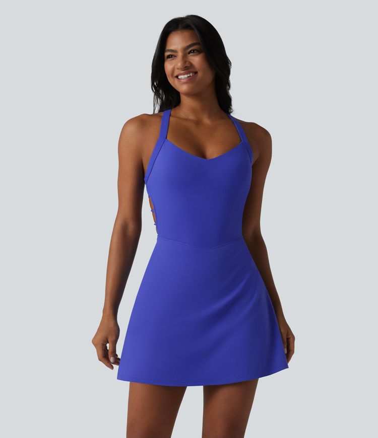 SoftlyZero™ Plush Crisscross Backless Racerback Built-in Bra 2-in-1 Mini Yoga Active Dress with Pockets-Easy Peezy