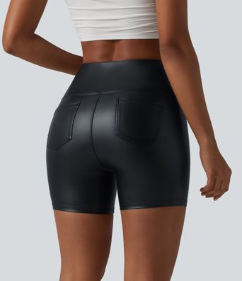 High Waisted Tummy Control Stretchy PU Casual Biker Shorts 5'' with Pockets